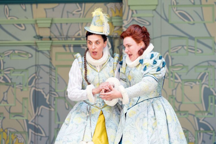 Emma Pallant as Mistress Page and Katherine Pearce as Mistress Ford in The Merry Wives of Windsor at Shakespeare's Globe