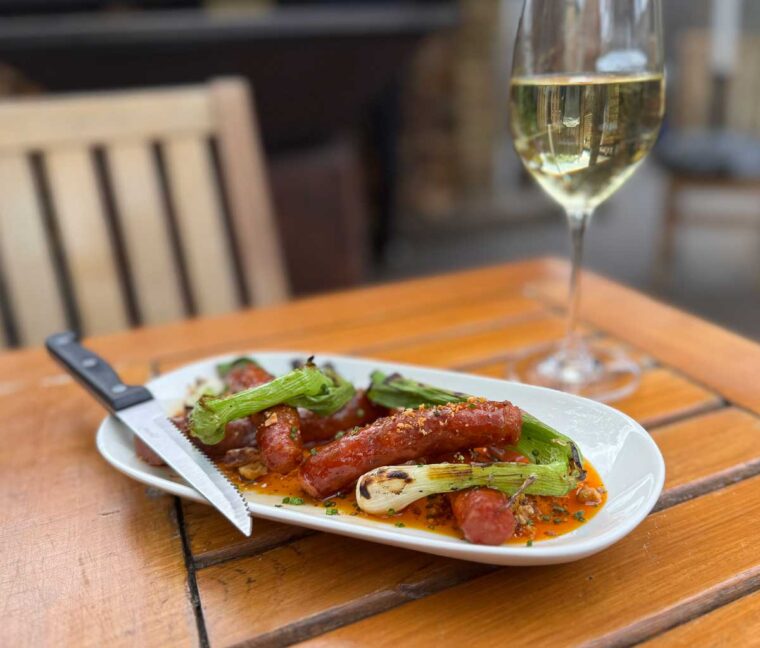 Chistorra from the grill with spring onions, walnuts and rhubarb - The Swan Inn Claygate