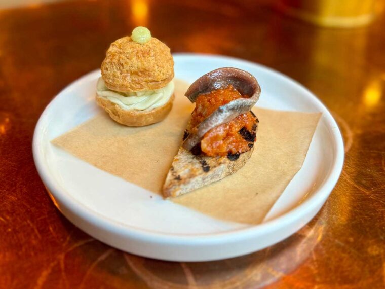 Stilton Gougere with apple and Tomato Concasse with Anchovy - Fire & Wine by Boxcar