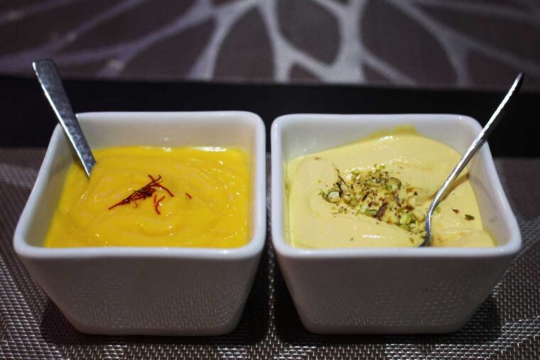 mango shrikhand alongside aamras at Thecha, Poplar