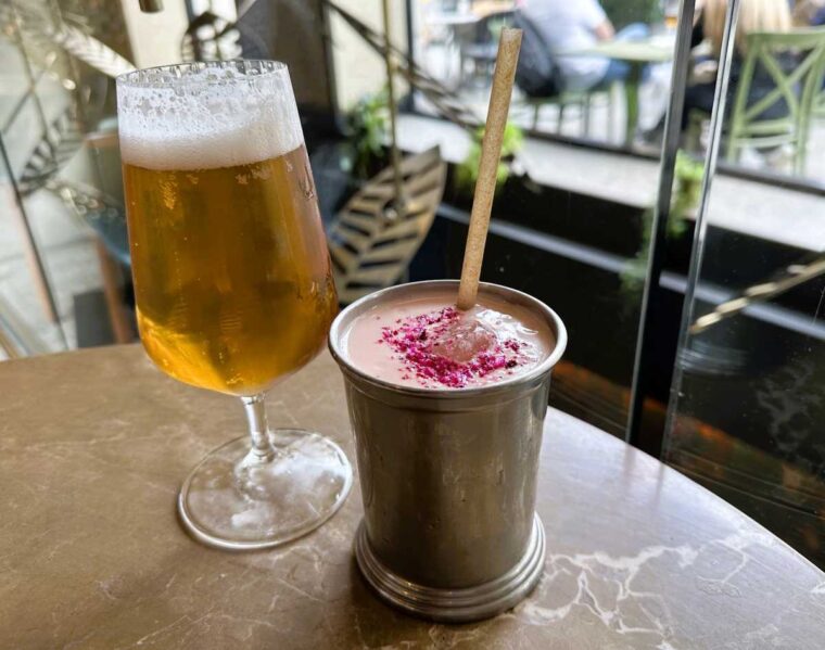 Pink guava lassi and Empress ale at Farzi restaurant, Piccadilly