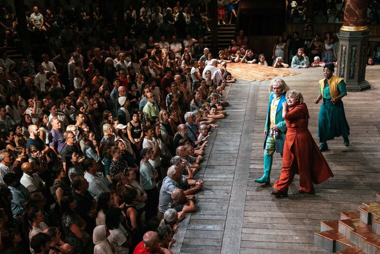 Ian Drysdale, Emmy Stonelake and Jocelyn Jee Esien in 'Twelfth Night or What You Will' at Shakespeare's Globe (c. Helen Murray)  web