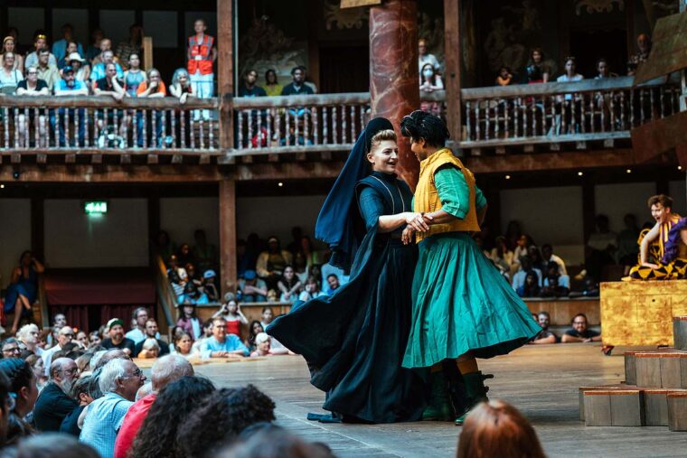 Laura Hanna as Olivia and Jocelyn Jee Esien as Lady Belch in 'Twelfth Night or What You Will' at Shakespeare's Globe (c. Helen Murray) 