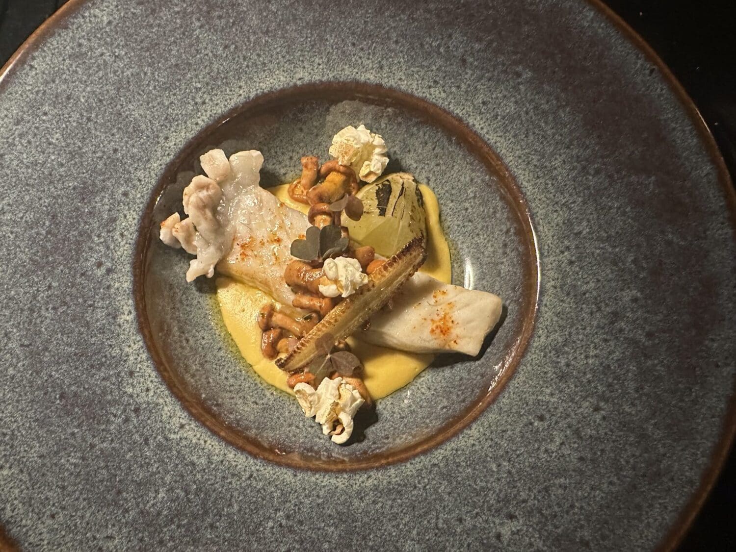 Hotel Dame des Arts, Paris - butter-poached halibut with pan-fried chanterelles, baby corn and popcorn at in-house restaurant, Pimpan.