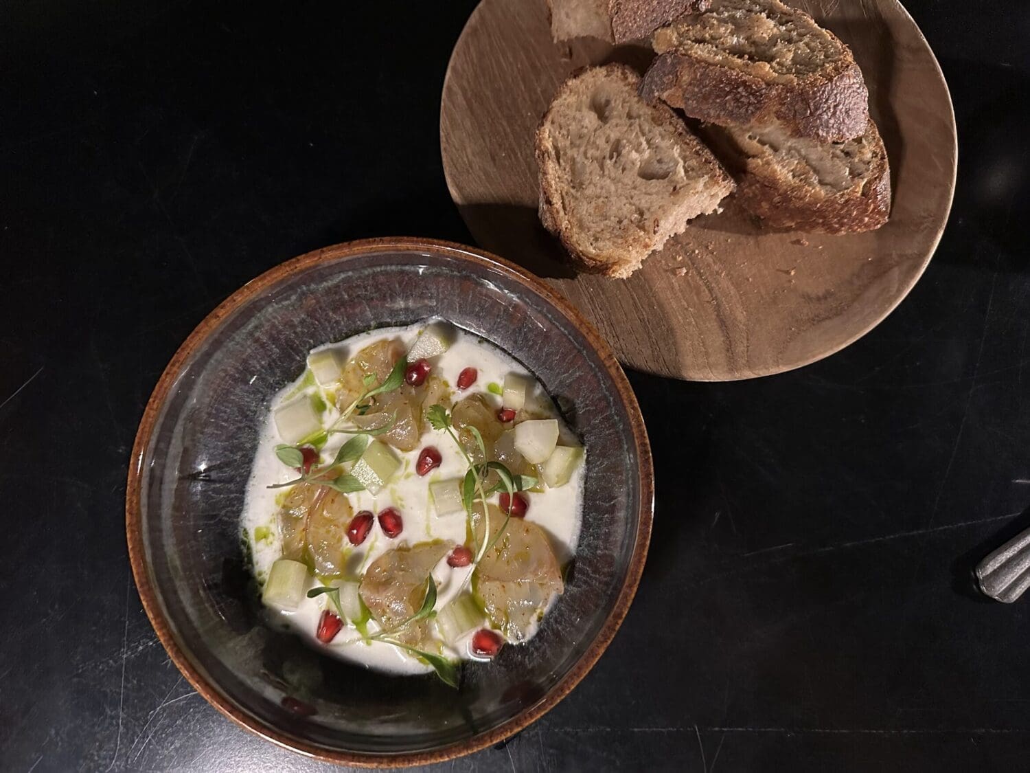 Hotel Dame des Arts, Paris - seabass sashimi with tigre de leche sauce, confit cucumber and pomegranate