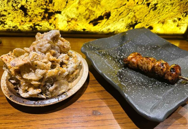 Junsei chicken skin crisps and yakitori momo skewer made with chicken thigh