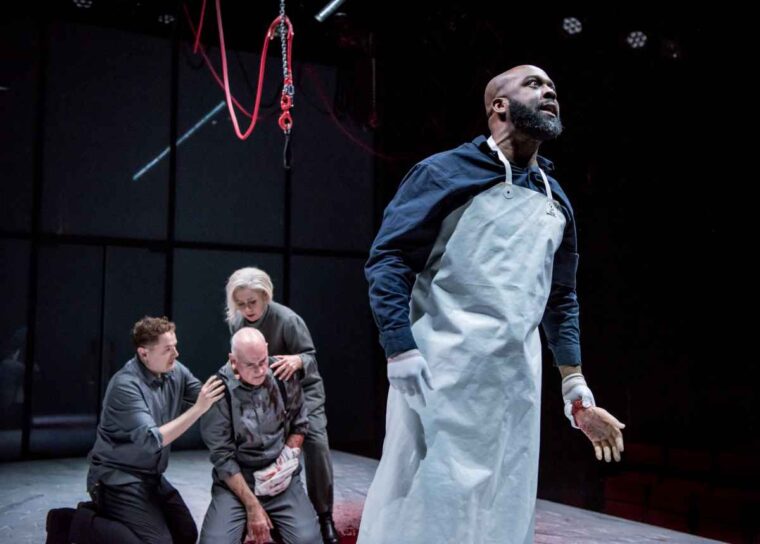 Ken Nwosu with Joel MacCormack, John Hodgkinson, Emma Fielding in Titus Andronicus_credit Genevieve Girling