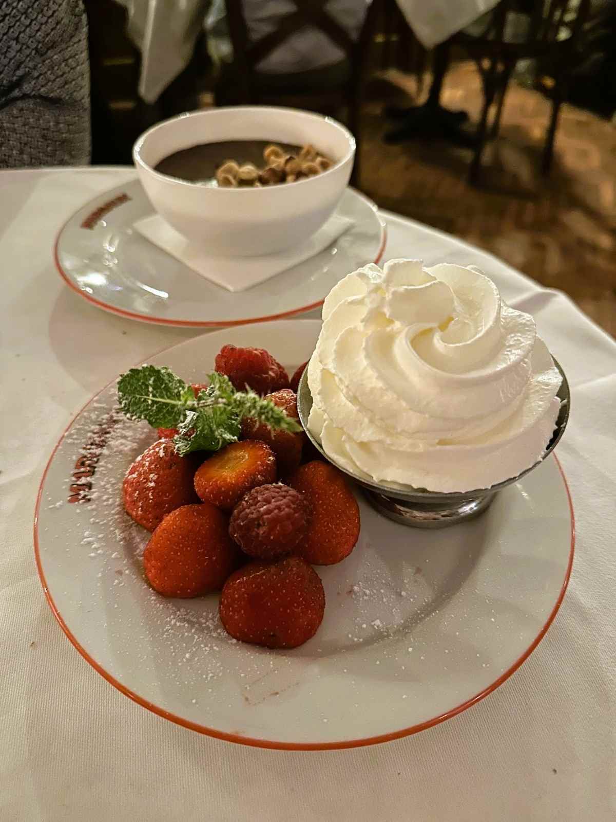 Margaux, Paris has traditional desserts including berries with Chantilly cream, and chocolate mousse