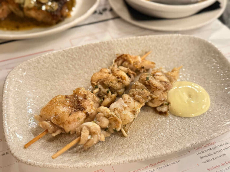 Carrilleras de bacalao: Cod cheek skewers at London tapas restaurant El Pirata of Mayfair