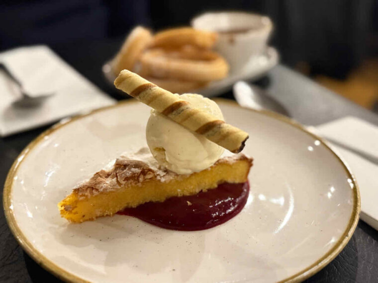 Tarta Santiago: traditional Galician almond cake served at London tapas restaurant El Pirata of Mayfair.