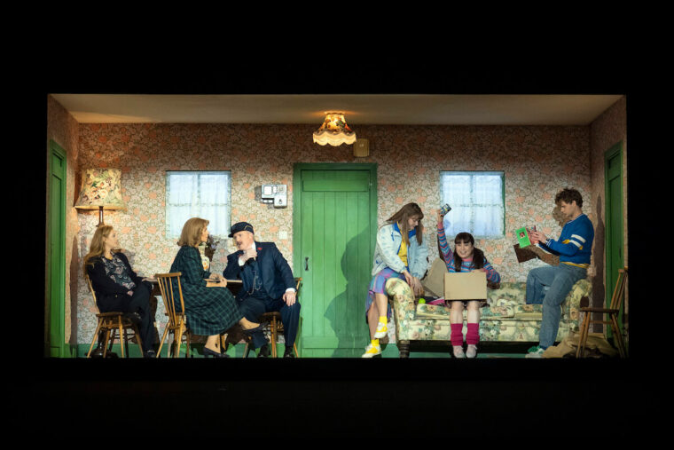 Yolanda (Bethany Horak-Hallet), Cathy (Rachael Lloyd), Mr Perks (Gavan Ring), Bobbie (Jessica Cale), Phyllis (Henna Mun) and Peter (Matthew McKinney). The Railway Children, Glyndebourne Autumn Season 2025