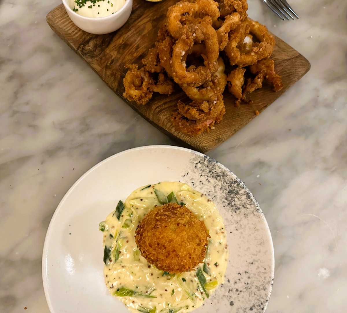 Restaurant Dominic Chapman at The Relais Henley - fishcake with leek and grain mustard sauce and crispy squid with garlic mayo