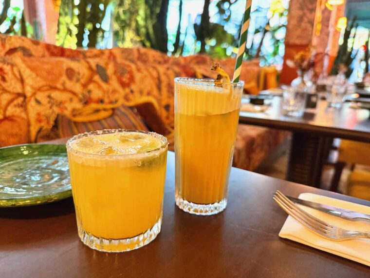 Two mocktails at Tigermilk, Charing Cross Road London: left, alcohol free magarita, right, tall glass with straw of Pina Virgina