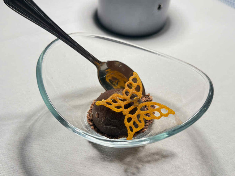 Pre-dessert, mini chocolate bombe filled with passionfruit with sugar butterfly - served at Supperclub.tube Walthamstow