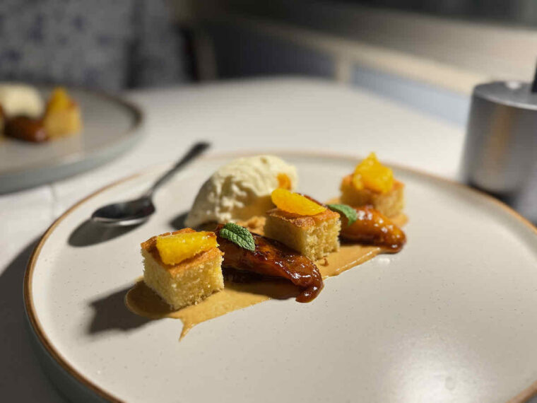 Banana Calados dessert served at Supperclub.tube Walthamstow - cubes of corn cake with caramelised banana and coconut ice cream.