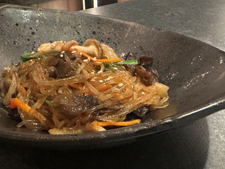 Yachae Japchae - stir-fried glass noodles with oyster mushrooms, bell peppers and shiitake- at Soom Korean BBQ
