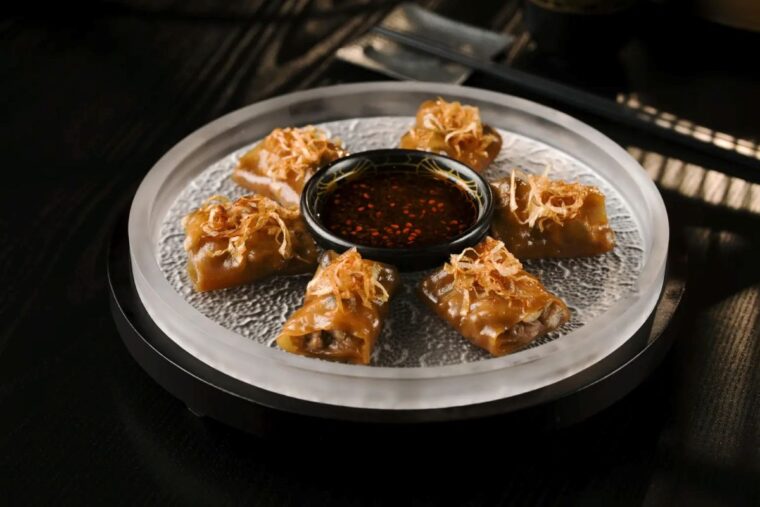 Platter of cheung fun with dipping sauce at Dim Sum Library, Covent Garden, London