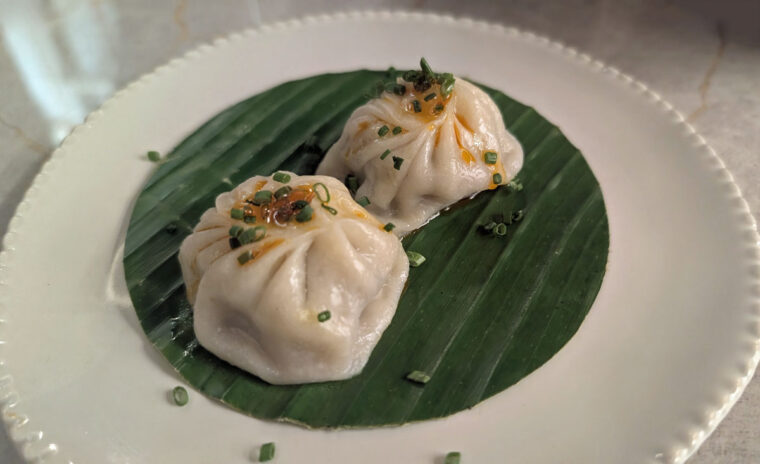 Image of small plate and bite size spicy chicken dumplings at Cho Asia restaurant.