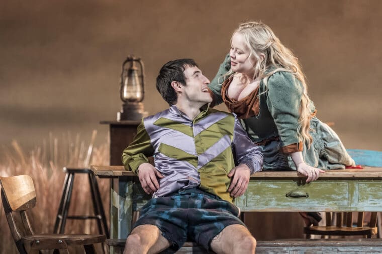 Éanna Hardwicke (Christy Mahon) and Nicola Coughlan (Pegeen Mike) in The Playboy of the Western World at the National Theatre. (c) Marc Brenner 0003