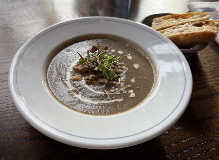 Mushroom and chestnut soup in a bowl with a swirl of cream