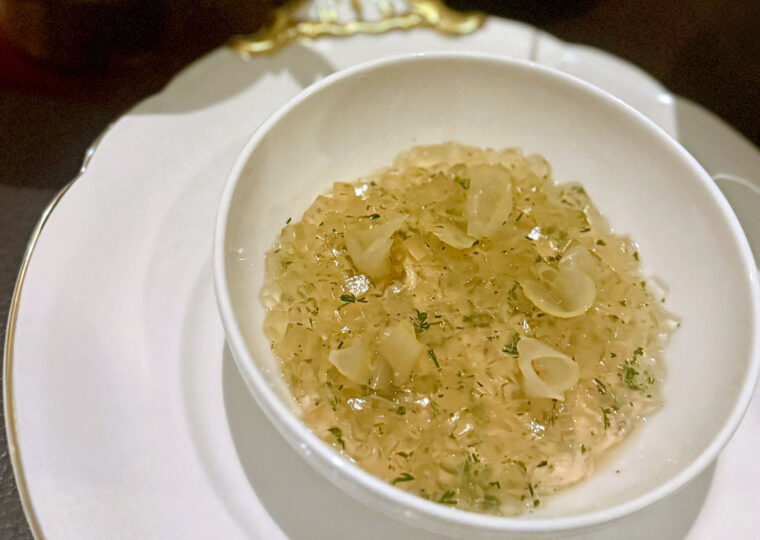 Smoked salmon pate topped with white wine and dill jelly