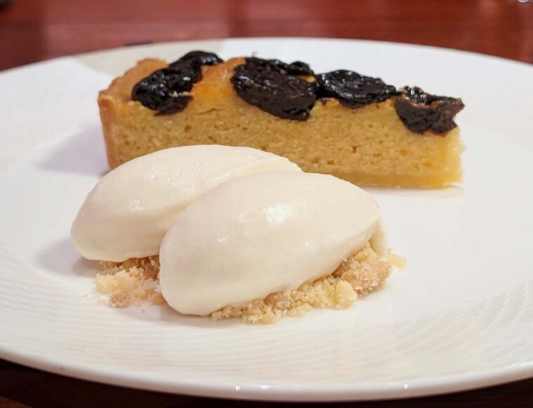 Prune and spice almond tart with Armagnac ice-cream