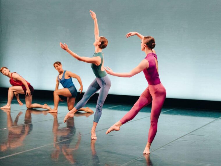 Yorke Dance Project - Modern Milestones -  Kinaesonata, dancers l-r Harry Wilson, Pierre Tappon, Abigail Attard Montalto, Maddie Smith, photo Jimmy Parratt