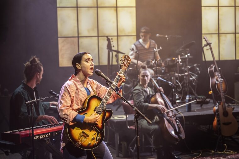 Maimuna Memon (Ria) and cast of Manic Street Creature. Image credit: Johan Persson