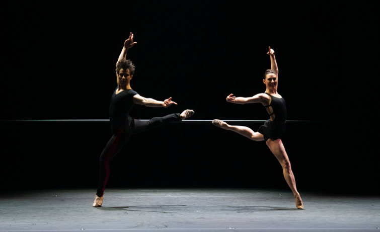 Ramon Mejia and Tiler Peck in attitude derrière in a scene from William Forsythe's The Barre Project, Blake Works II