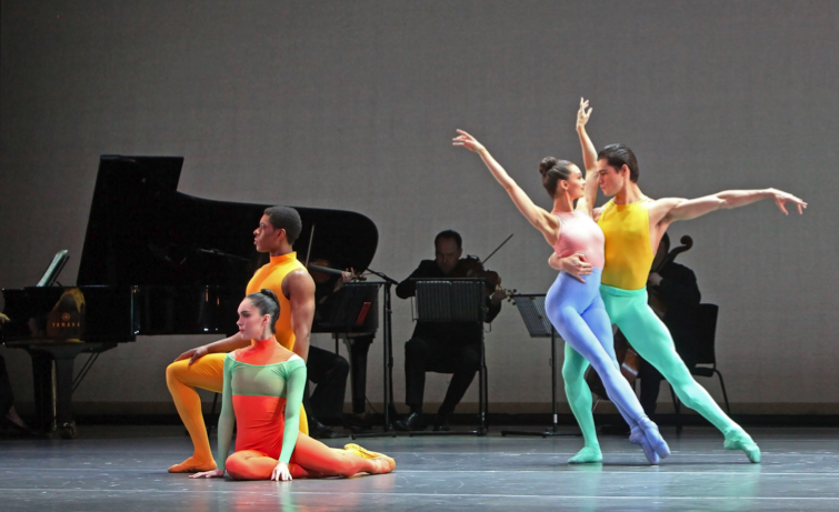 Four dancers in front of the on-stage musicians in Tiler Peck's Thousandth Orance