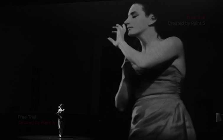 In the foreground the outsize black and white film image of a woman gesturing. Her live counterpart is seen in the distance.