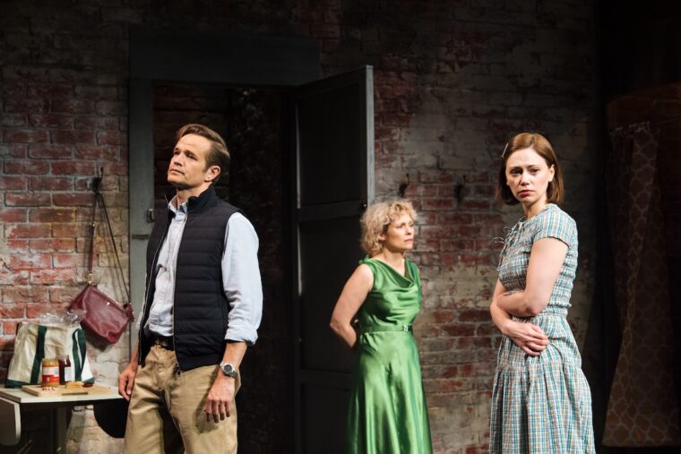 Oliver Dimsdale (Husband) MyAnna Buring (She) and Jill Winternitz (Laurie) in Stage Kiss. Credit: Helen Murray