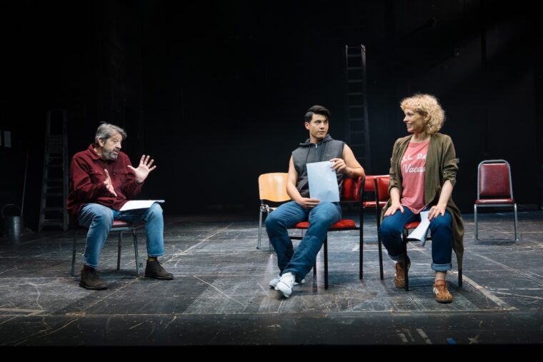 Rolf Saxon (Director), James Phoon (Kevin) and MyAnna Buring (She) in Stage Kiss. Credit: Helen Murray
