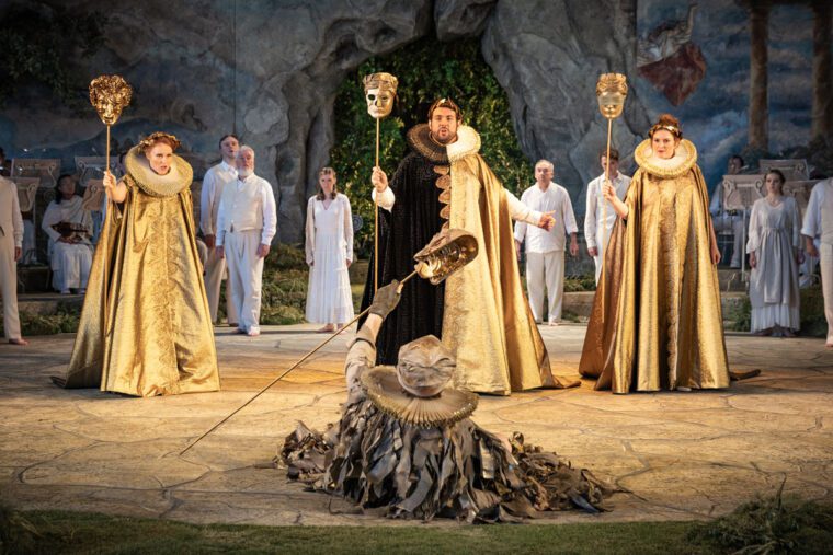 The prologue - Claire Lees as L&rsquo;Amore; Thomas D Hopkinson as Il Tempo; Jessica Cale as La Fortuna in Il ritorno d&rsquo;Ulisse at Garsington Opera