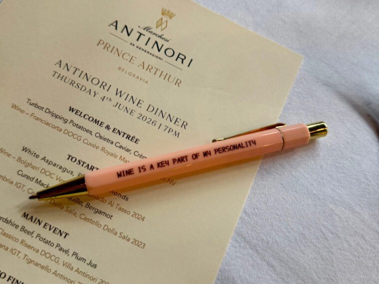 Antinori dinner menu at Prince Arthur in Belgravia