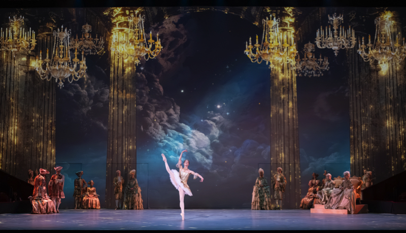 ENB The Sleeping Beauty: In the wedding scene, Aurora in a white jewel-encrusted tut, dances a solo, She stand on pointe on her left leg with the right raised high to the side