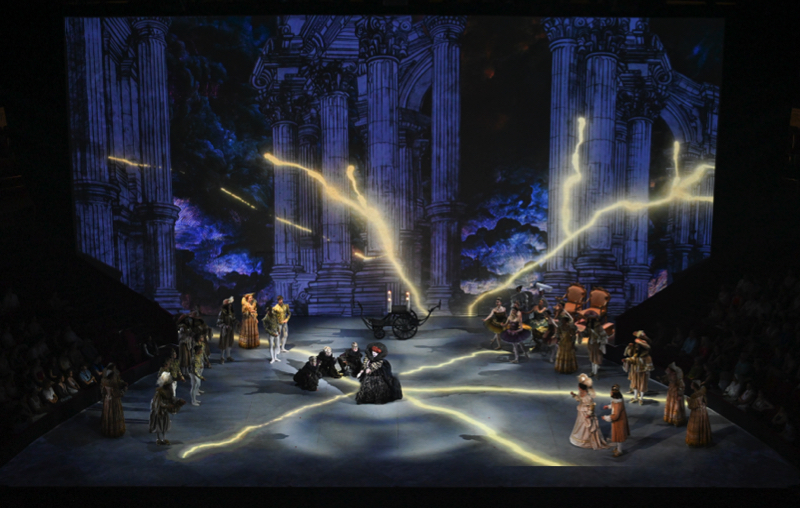 ENB The Sleeping Beauty: lightning breajks the darkness tha marks Carabosse's arrival with her four attendants. The courtiers stand paralysed with horror