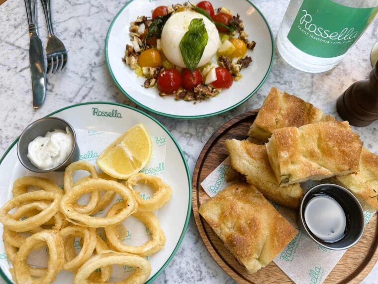 Rossella starter dishes of calamari fritti and burrata e pera