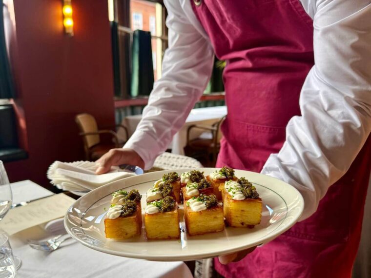 Turbot dripping with potatoes, topped with crème fraiche & Osteria caviar. Prince Arthur in Belgravia