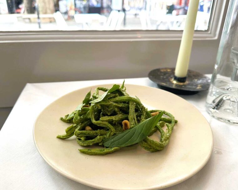 Vesper robiola 'stutz', green beans, hazelnuts and gooseberry tahini