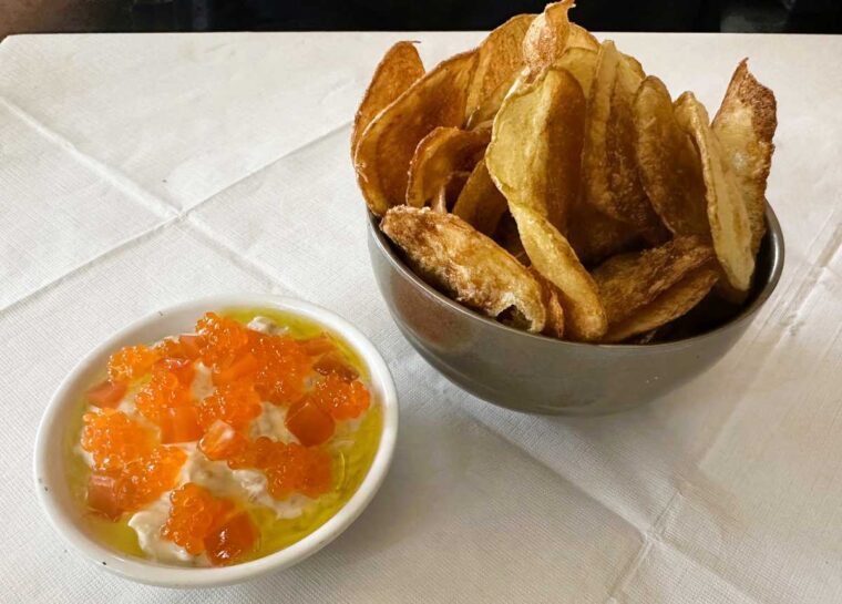 Vesper salt and vinegar crisps with smoked onion and trout roe