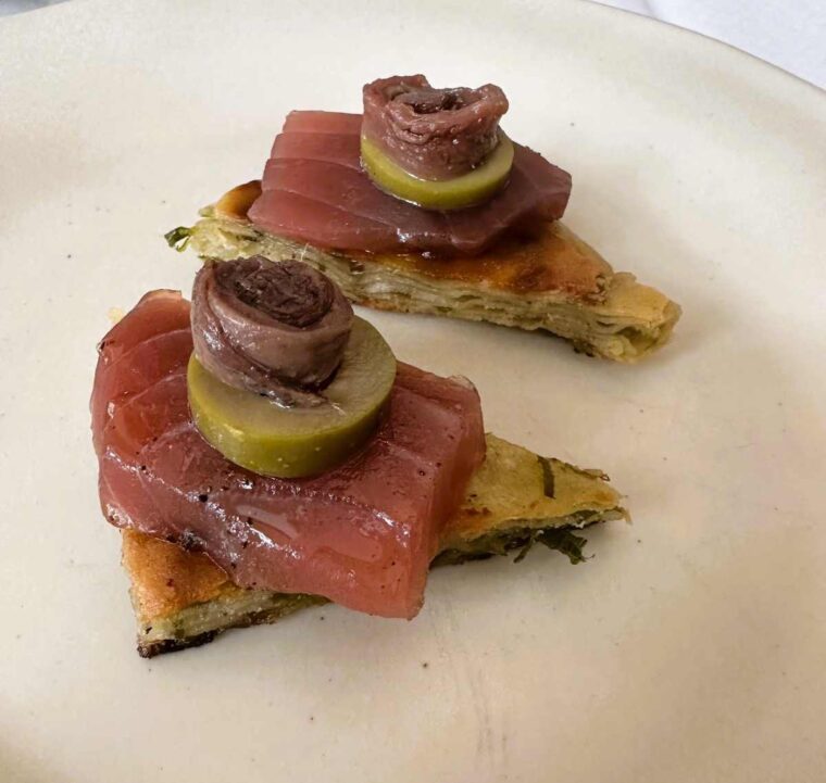 Vesper spring onion pancake, raw tuna, Cantabrian anchovy