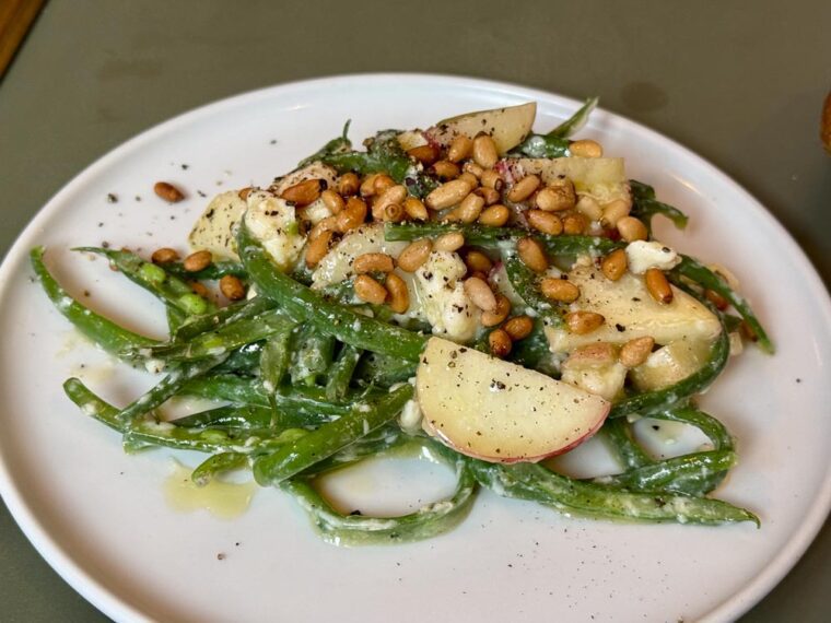 Duchy, Shoreditch restaurant, Italian beans, peach, gorgonzola, pine nuts