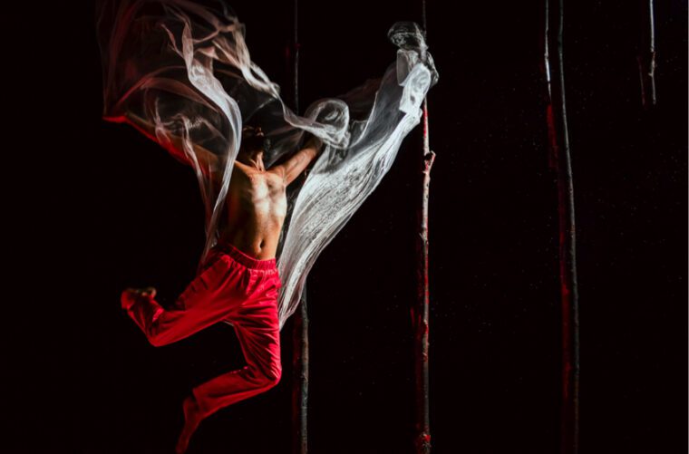 Songs of the Bulbul: the dancer, wearing red trousers, jumps up holding a flimsy, translucent length of cloth above his head