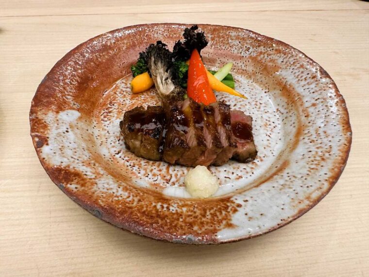 Roketsu charcoal grilled A5 Wagyu beef with seasonal vegetables