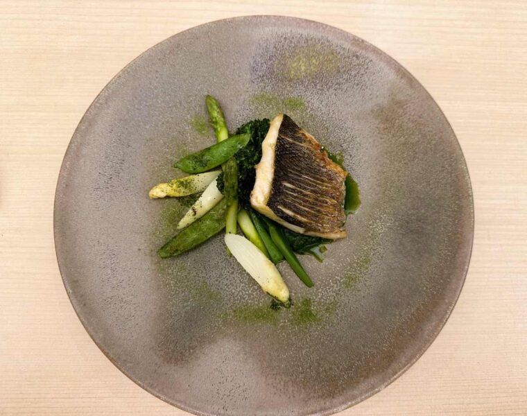 Roketsu charcoal grilled seabass with seasonal vegetables