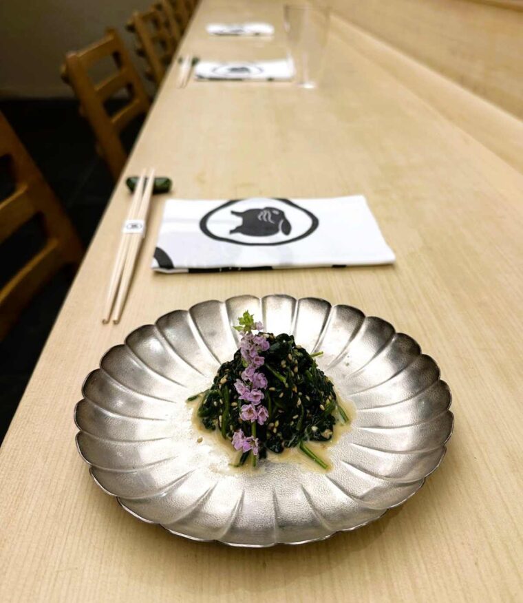 Roketsu starter plate of kappo menu was spinach goma-ae which is simmered spinach dressed with sesame