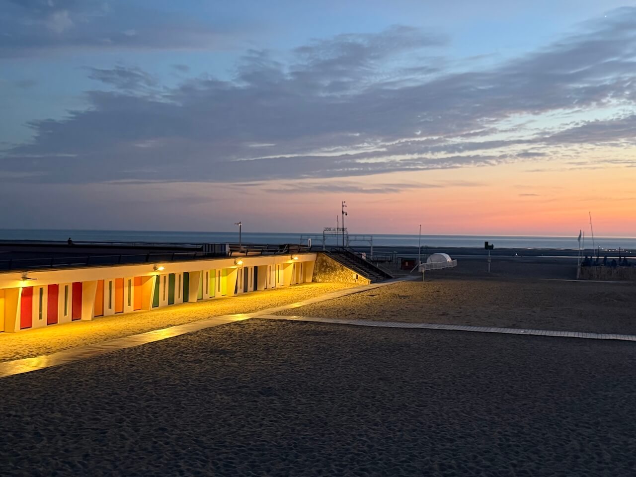 Beach huts at sunset Le Touquet