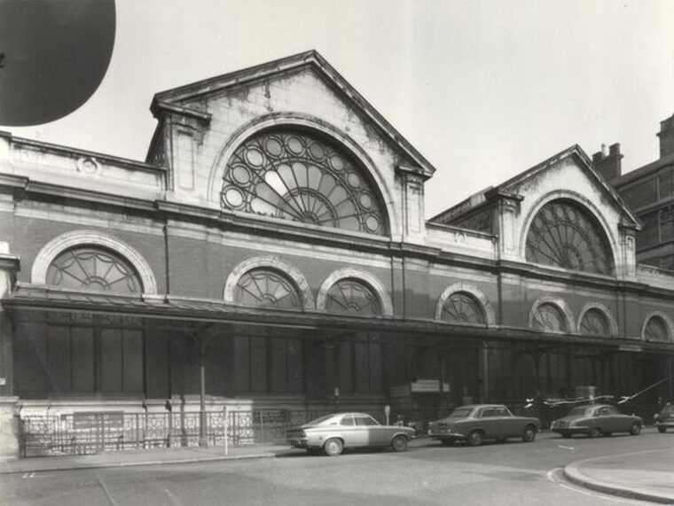 B/W print; Exterior shot of Covent Garden Flower Market by H J Hare & Son, circa 1980