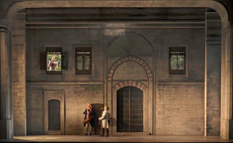 Osmin (Michael Mofidian), Klaas, a sea captain (Marcus Swietlicki) and Belmonte (Anthony León). Die Entführung aus dem Serail, Glyndebourne